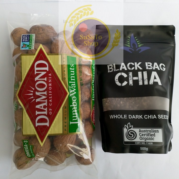 [Combo tiết kiệm] 1 gói hạt chia đen Úc black bag túi 500g, 1 gói óc chó diamond Mỹ 453g sutoshop