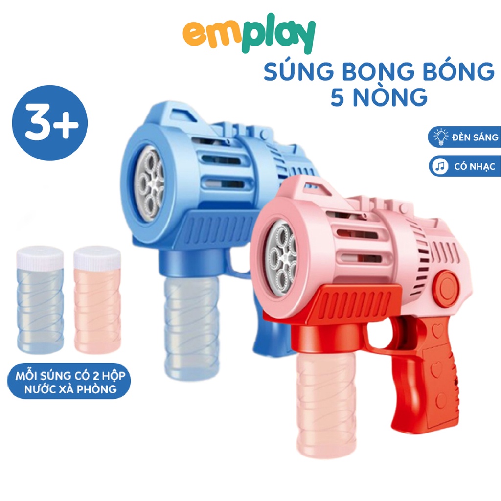 Súng bắn bong bóng xà phòng đồ chơi Emplay cho bé thiết kế 5 nòng cỡ bự cao cấp có đèn và nhạc, làm từ nhựa ABS cao cấp