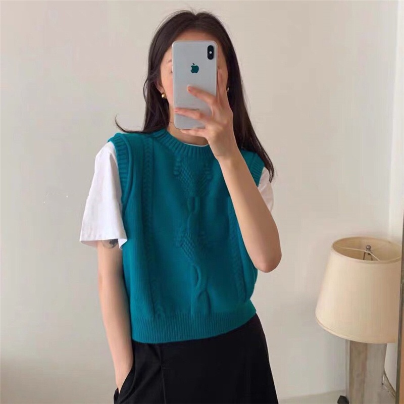 Áo sweater dệt kim SUXI không tay màu sắc đơn giản phong cách vintage Hàn Quốc thời trang cho nữ
