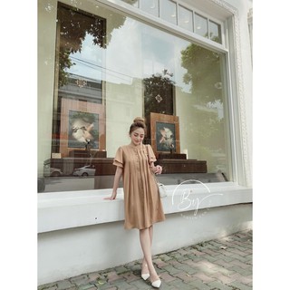 Váy suông - xếp li - cổ tàu - chất đũi - form rộng rãi - đầm công sở - đầm xếp li - 2 màu tôn da - đâm suông xếp li