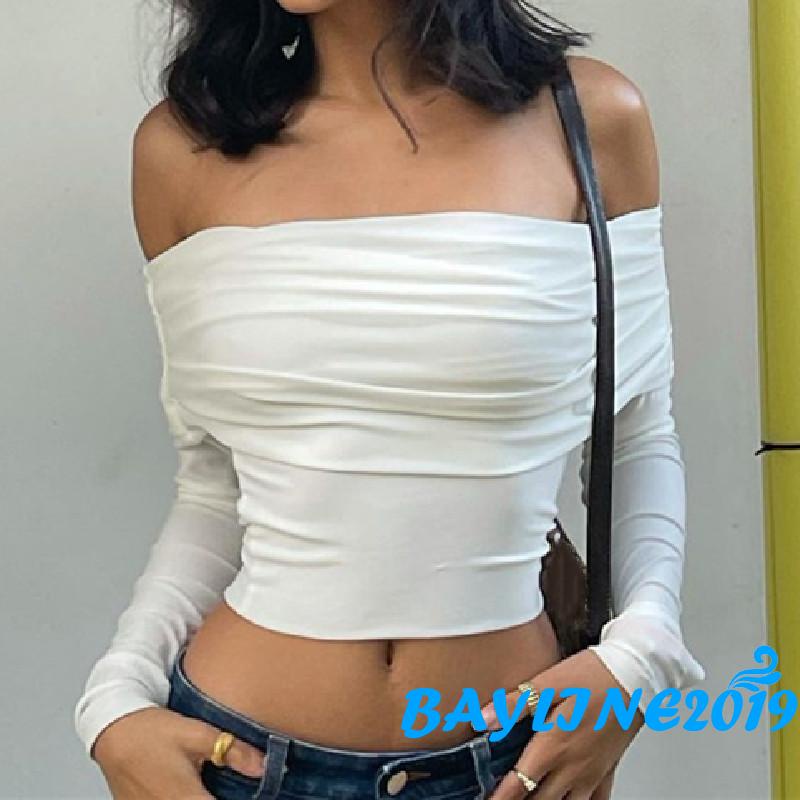 Bay-female Crop Top Tay Dài Cổ Thuyền Màu Trơn Thời Trang Xuân Thu Size S / M / L