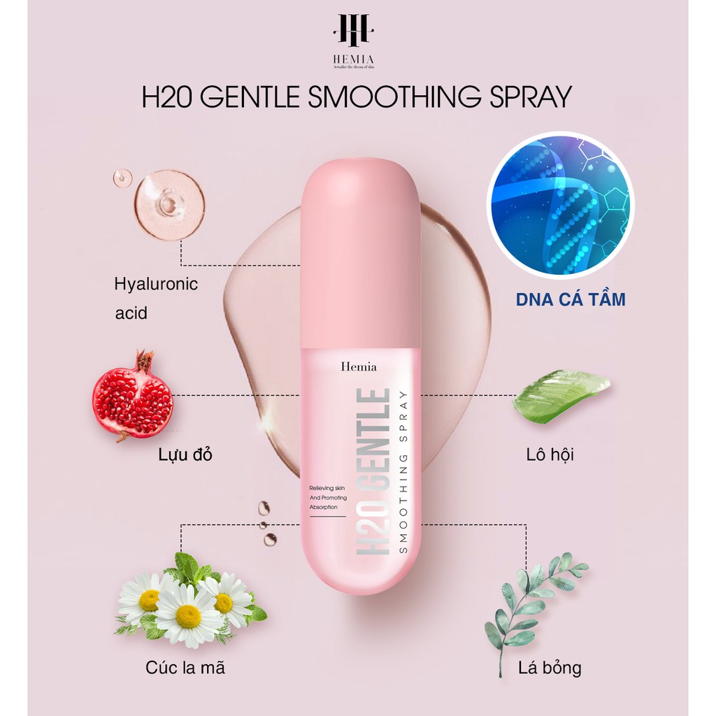 Xịt khoáng căng bóng DNA cá tầm H20 gentle cấp ẩm, làm dịu da, bảo vệ lớp trang điểm