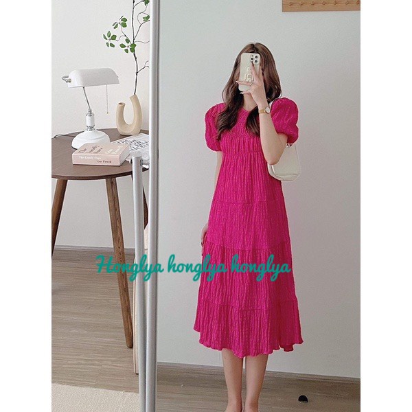 Đầm  xốp nhăn dập ly dọc váy tay bồng nhiều màu