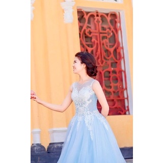 Thanh lý váy cưới màu xanh min, váy elsa, phồng đẹp ko cần mặc tùng, ảnh thật khách mặc và clip tự quay