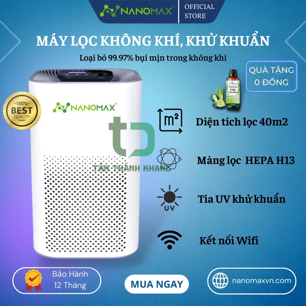 Máy Lọc Không Khí Nanomax A-01, Bộ Lọc Hepa 4 Lớp Lọc Bụi Mịn, Màn Hình Cảm Ứng Tích Hợp Điện Thoại Thông Minh (40M2)