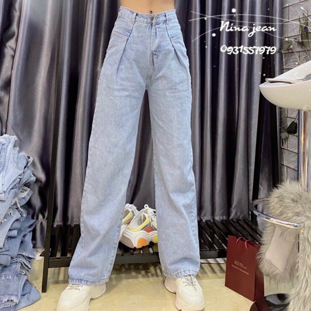 Quần jean nữ ống rộng lưng cao chất vải jean dày đẹp chuẩn shop hình thật
