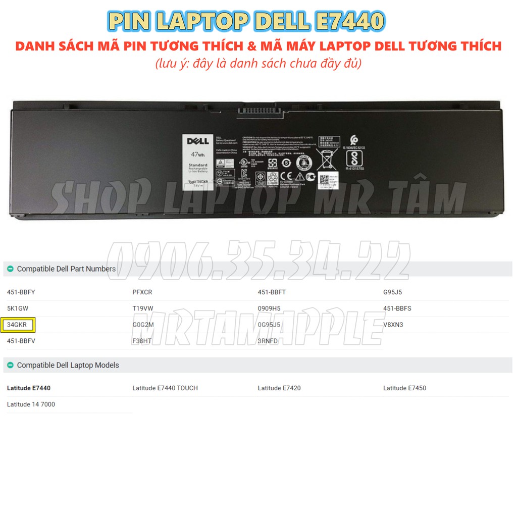 (BATTERY) PIN LAPTOP DELL E7440 47WH (ZIN) - 4 CELL - Latitude E7420 E7440 E7450, Type 34GKR 3RNFD PFXCR