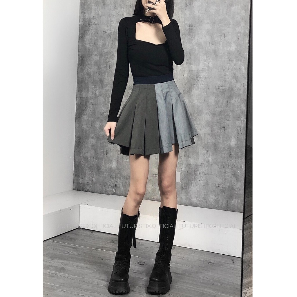 Chân Váy Xếp Ly Nửa Xám CV105 Mix Croptop Khoét Ngực Dài Tay A376 + Boots Cổ Cao Đế Dày G075