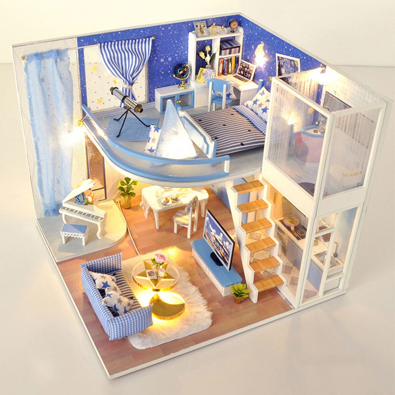 Mô hình nhà DIY Doll House Dream Starry Kèm Mica Chống bụi, Bộ dụng cụ và Keo dán