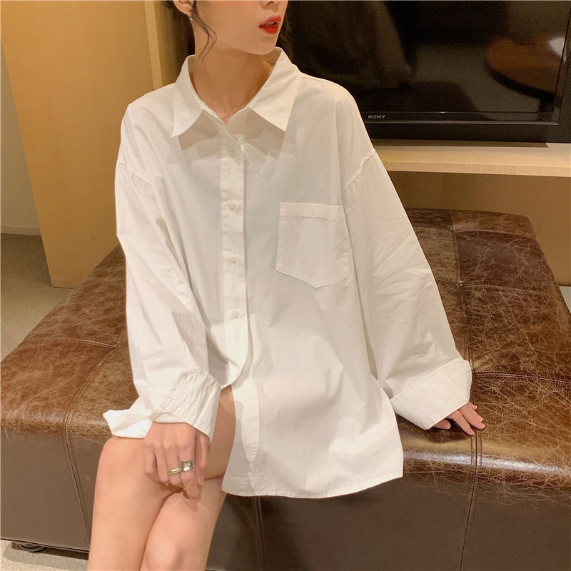 Áo Sơ Mi Trắng Tay Dài Dáng Rộng Thời Trang Cho Nữ 2021 Mới