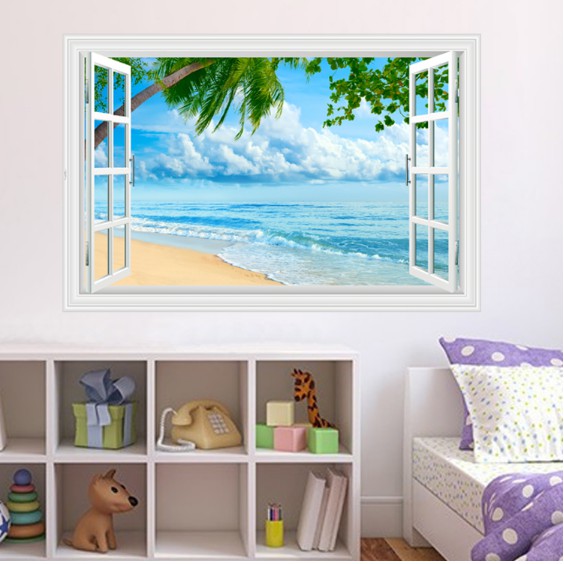 Decal trang trí cảnh biển xanh và cây dừa nghiêng