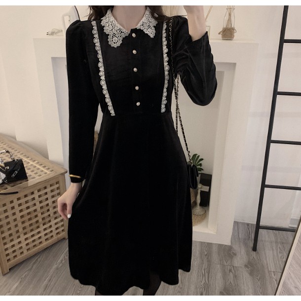 [HÀNG CÓ SẴN] Váy nhung đen dáng xòe, váy nhung phối cổ ren hàng Quảng Châu
