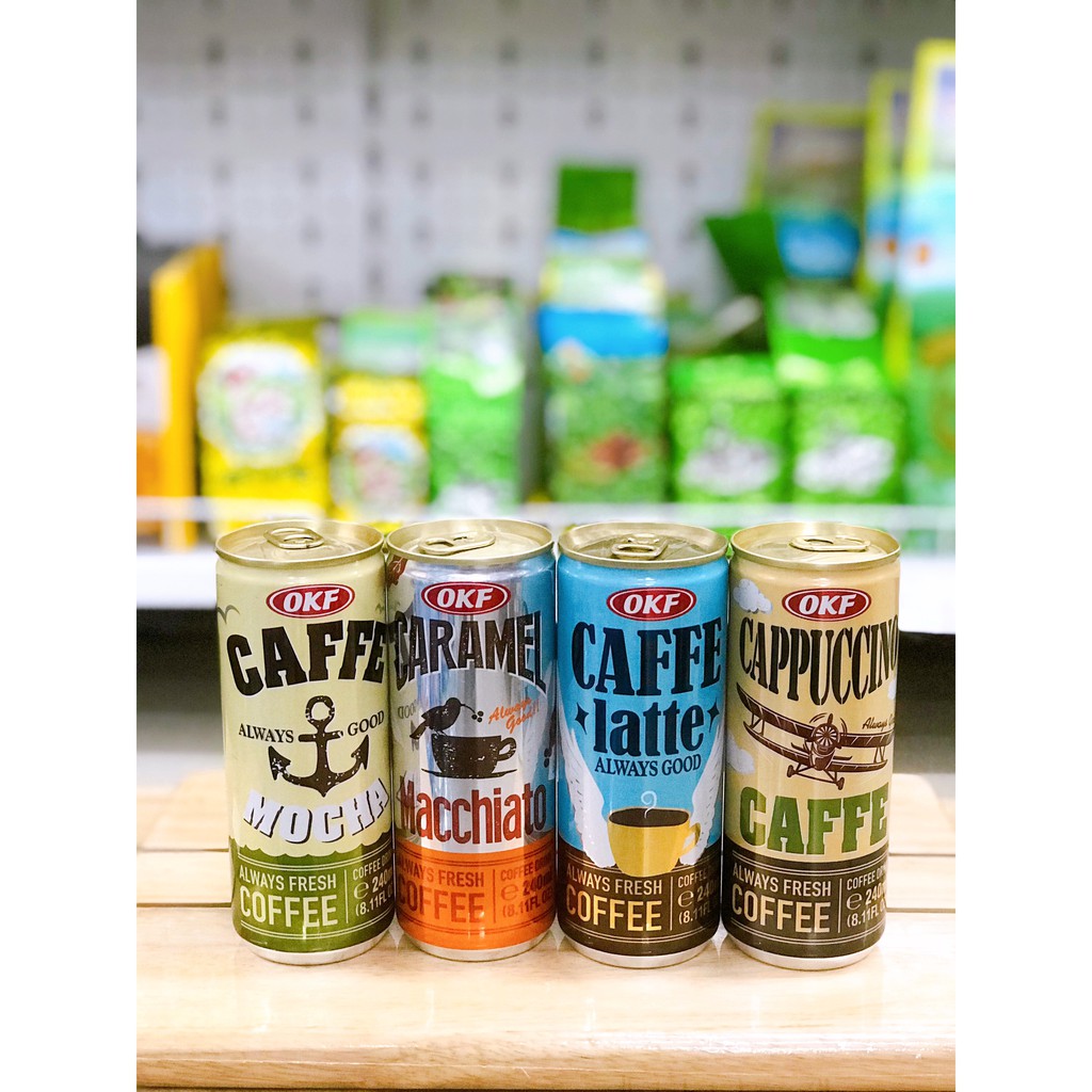 Cafe Cappuccino, Caramel, Latte, Mocha pha sẵn đóng chai OKF lon 240ml