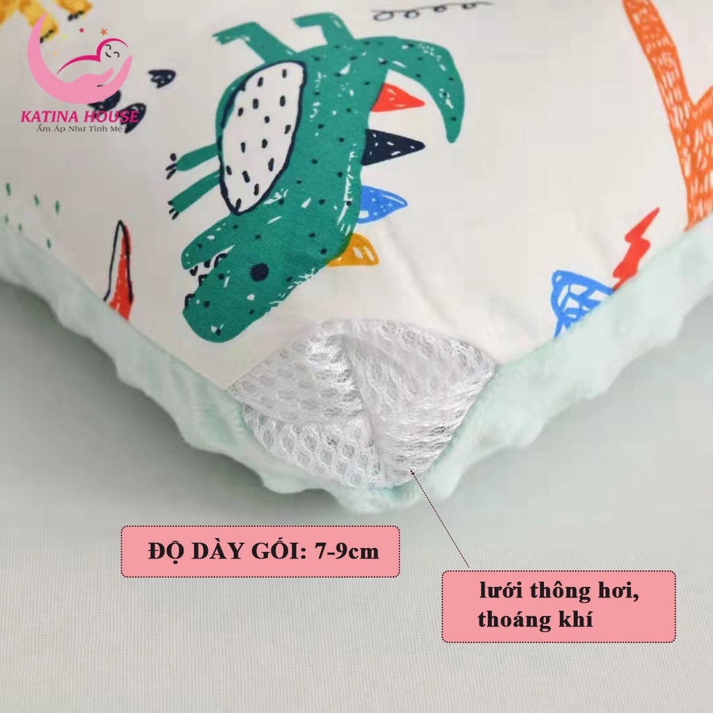 Gối cho bé bông gòn êm mềm, vải cotton phối nhung thoáng khí thấm hút tốt, phù hợp cho bé 2-10 tuổi