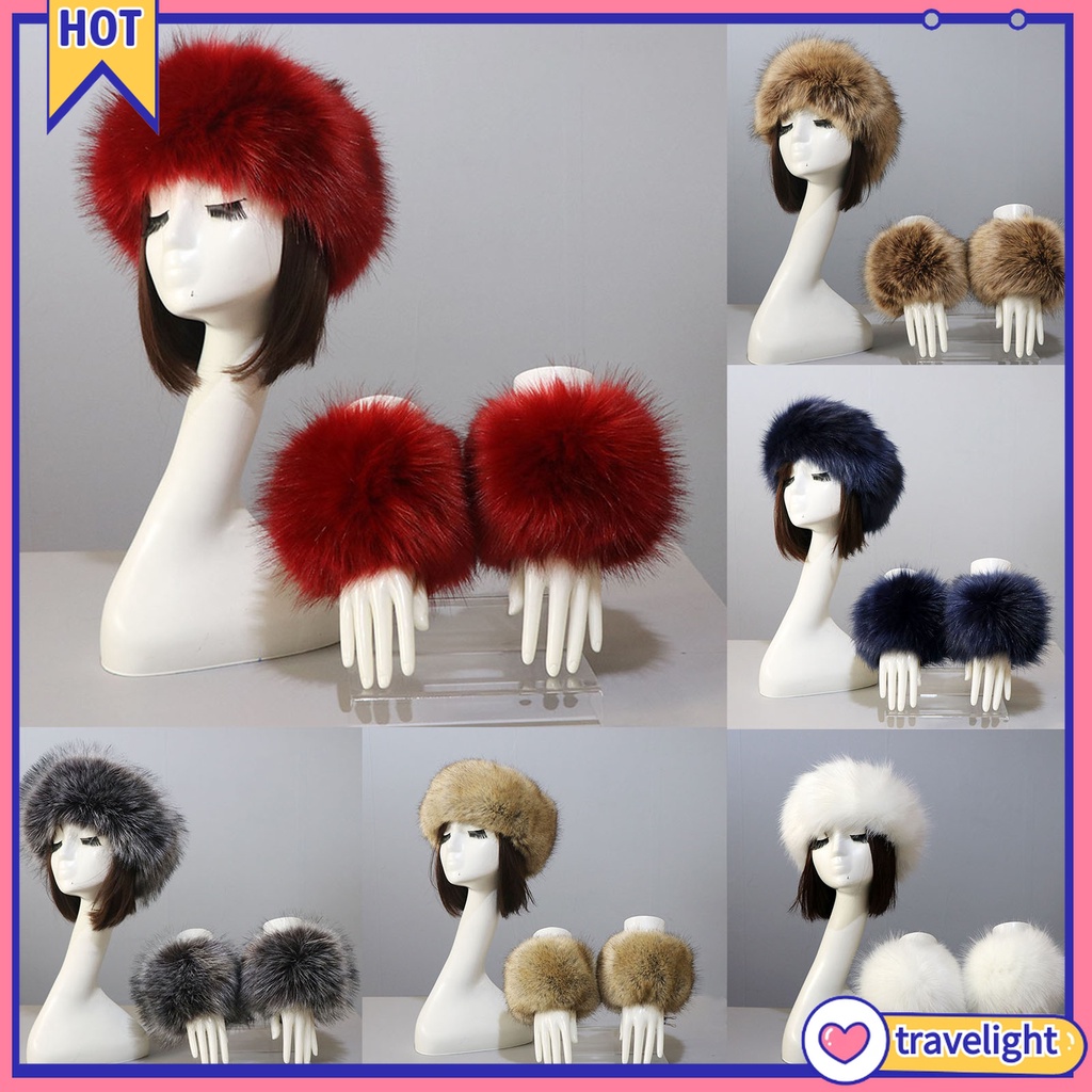 1 Set Băng Đô + Găng Tay + Găng Tay Hở Ngón Bằng Lông Giả Màu Trơn Phối Lông Thú Dành Cho Nữ Trượt Tuyết