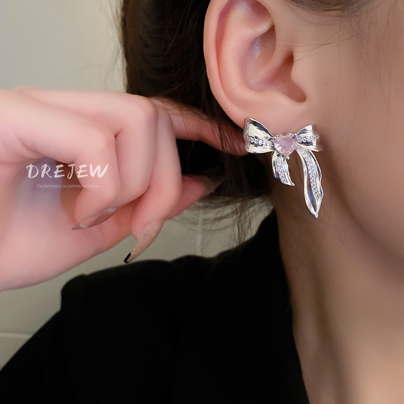 DREJEW Khuyên tai mạ bạc đính đá zircon trái tim tua rua phong cách baroque Hàn Quốc