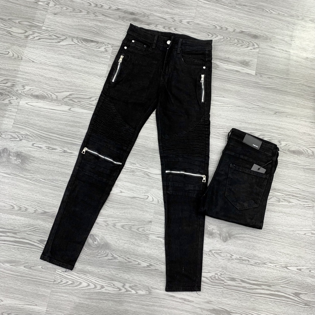 Quần Jean Nam Đen Thêu Khoá Zip Ngang Dọc Vải Nhăn Cực Đẹp