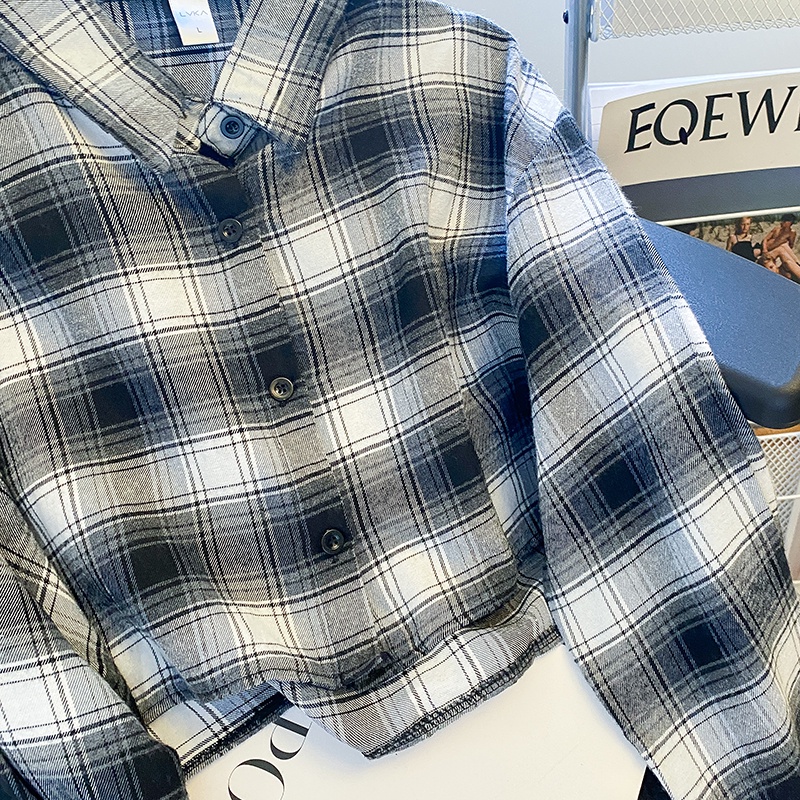 ZHELIHANGFEI Áo Sơ Mi Tay Dài Cổ Bẻ Lưng Cao Họa Tiết Sọc Caro Phong Cách Quyến Rũ