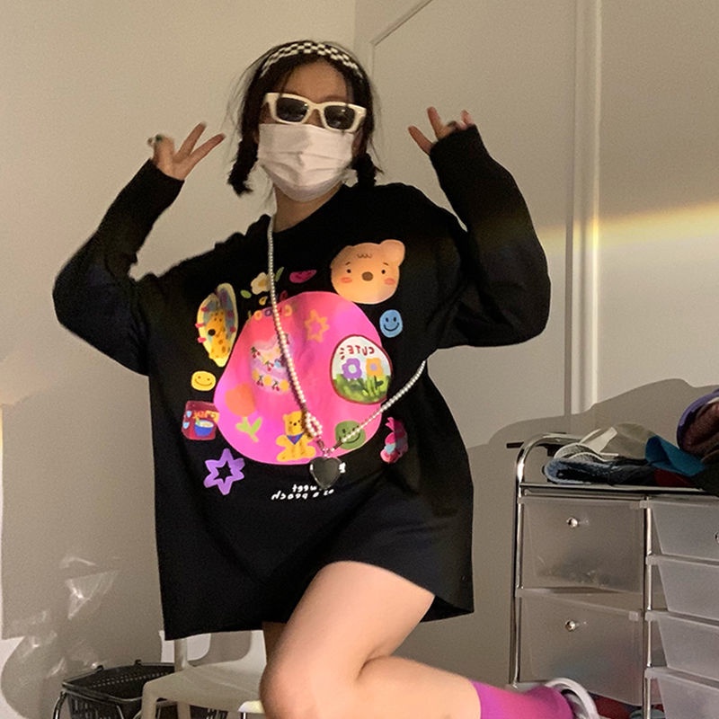 Áo thun tay dài dáng rộng thiết kế thời trang mùa thu theo phong cách Hàn Quốc cho nữ