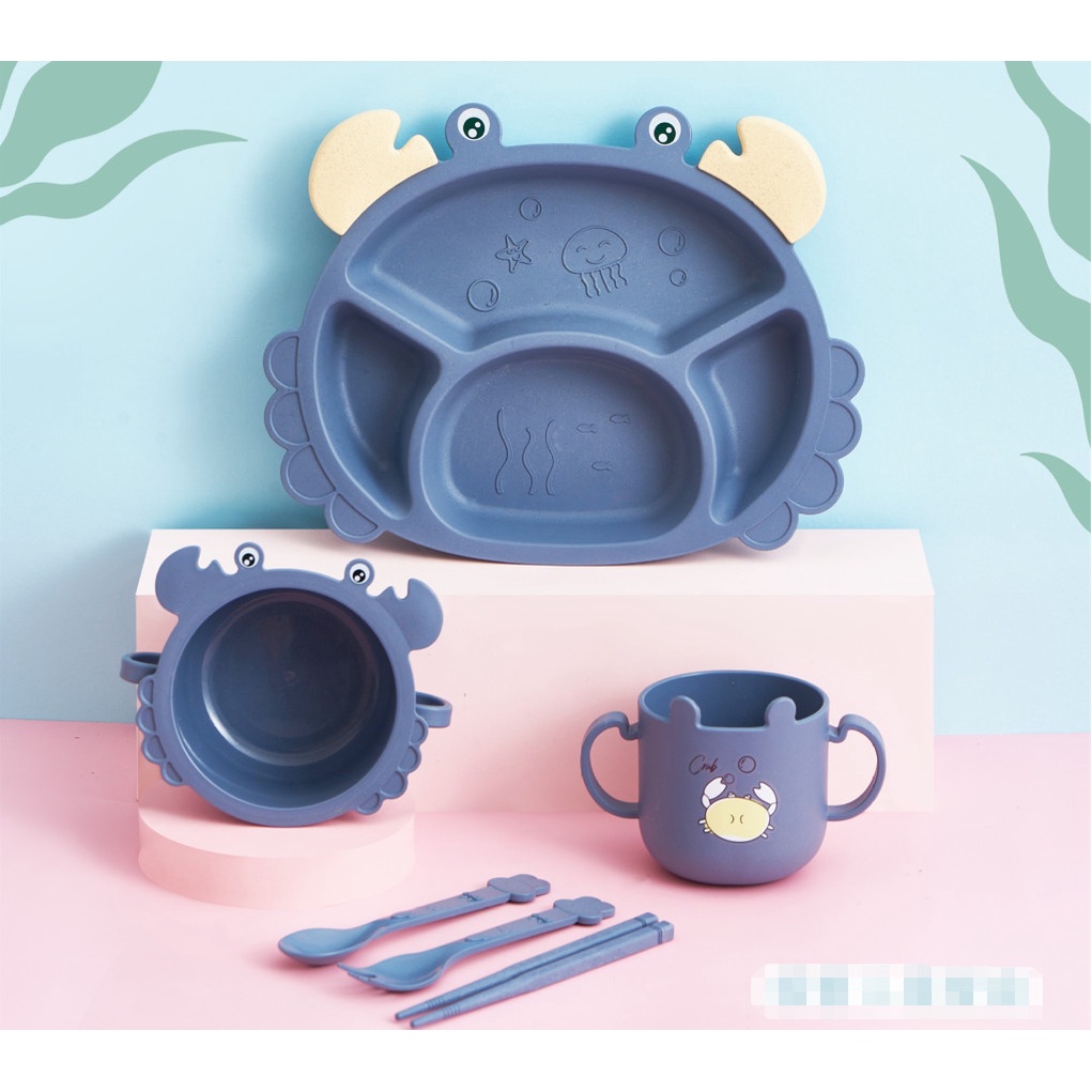 Set khay ăn dặm lúa mạch hình cua 6 món kèm cốc, bát, thìa, nĩa, đũa siêu đáng yêu cho bé