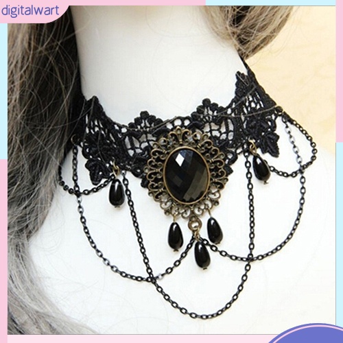 Vòng cổ choker thiết kế ren phối đá quý nhân tạo đen cá tính phong cách gothic dành cho nữ