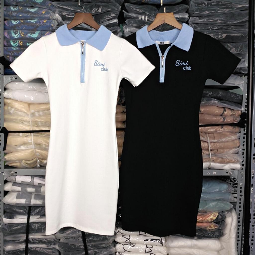 Đầm Váy Body CỔ POLO DÂY KÉO Dáng Xoè Thêu Chữ Đẹp Thun Gân Kiểu Sexy Nữ, Đầm Thun Ôm Body Đẹp GOVA