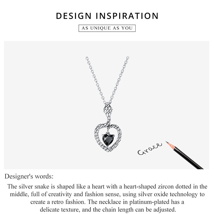 Dây chuyền BAMOER BSN233 bạc 925 mặt hình rắn đính trái tim đá quý màu đen dài 45cm có thể điều chỉnh cho nữ