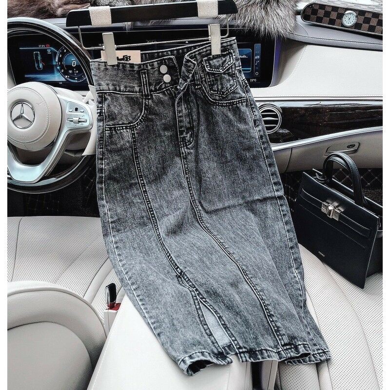 Chân váy bò dáng dài 2 khuy viền xẻ cạnh | BigBuy360 - bigbuy360.vn