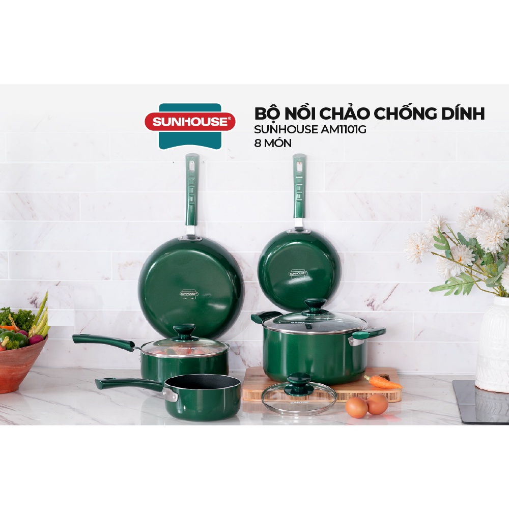 Bộ nồi chảo chống dính Sunhouse AM1101G | 16cm/20cm/24cm/26cm | Hàng chuẩn Mỹ, Bán độc quyền online