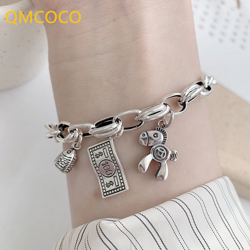 Qmcoco Vòng Đeo Tay Bạc Mặt Hình Cá Ngựa / Tiền Đô La Thời Trang Đơn Giản Phong Cách Cổ Điển Dành Cho Nữ 20