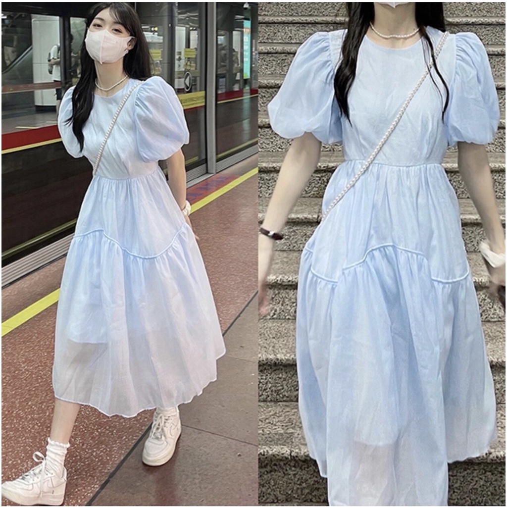  Đầm babydoll voan tầng 2 lớp tay bồng siêu xinh -Váy babydoll cổ tròn dáng dài