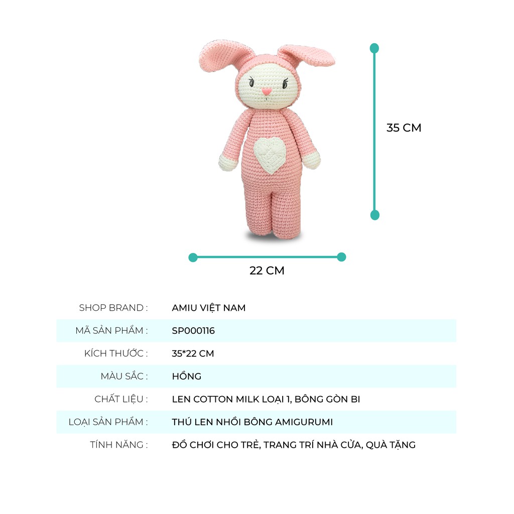 Gấu bông cao cấp Amigurumi cao cấp Amiu VN - Thỏ tim màu hồng handmade làm từ sợi cotton 100% an toàn cho bé yêu