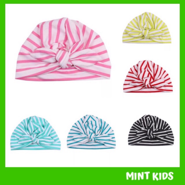 Mũ turban kẻ nơ cotton mềm mịn cho bé gái 0 - 2 tuổi