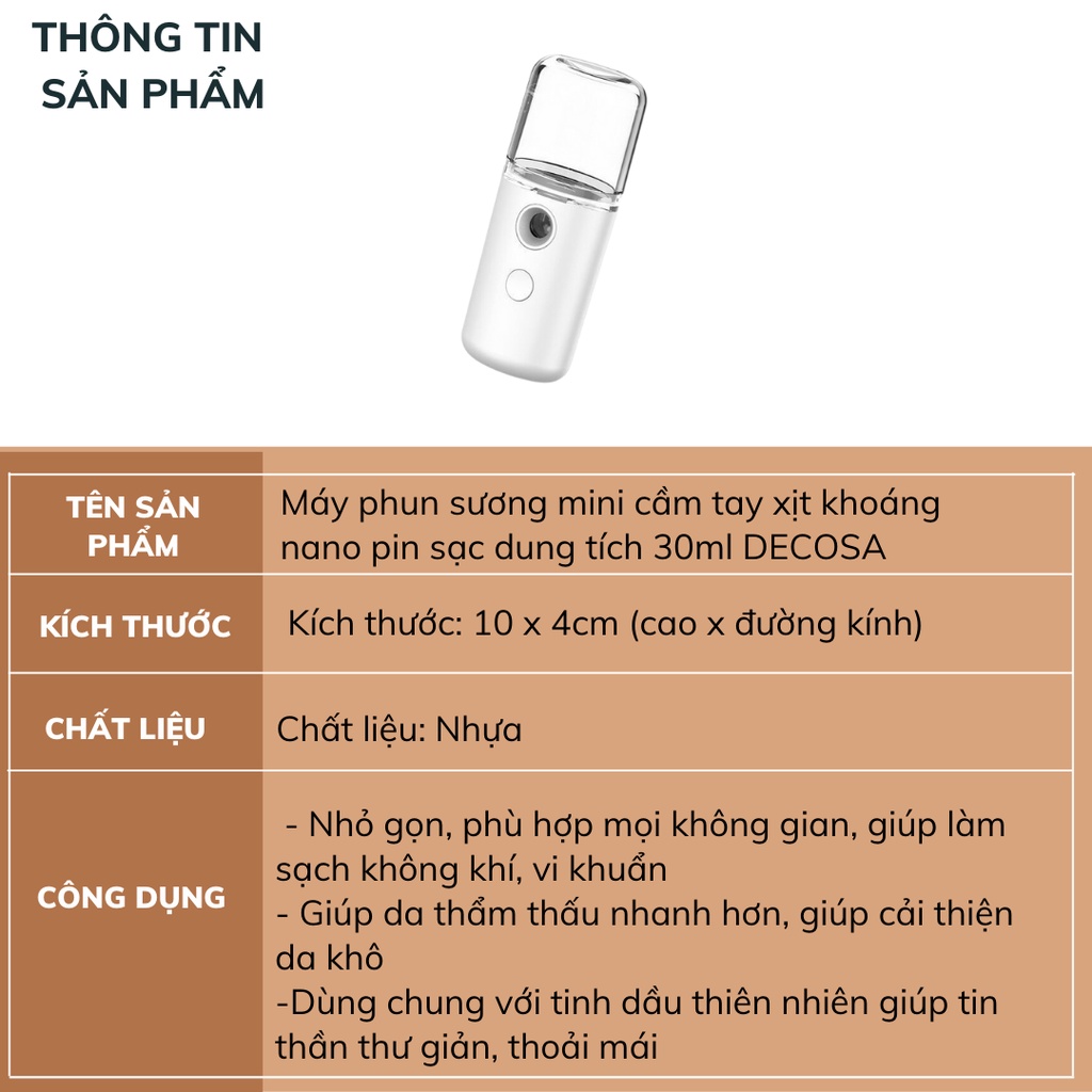 Máy phun sương mini cầm tay xịt khoáng nano pin sạc dung tích 30ml DECOSA