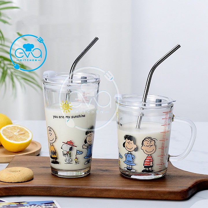 Combo 2 Ly Thuỷ Tinh Chia Vạch In Hoạ Tiết Hoạt Hình Có Nắp Đậy Kín Hơi 350 Ml Tặng kèm Ống Hút Thuỷ Tinh Và Silicone M2