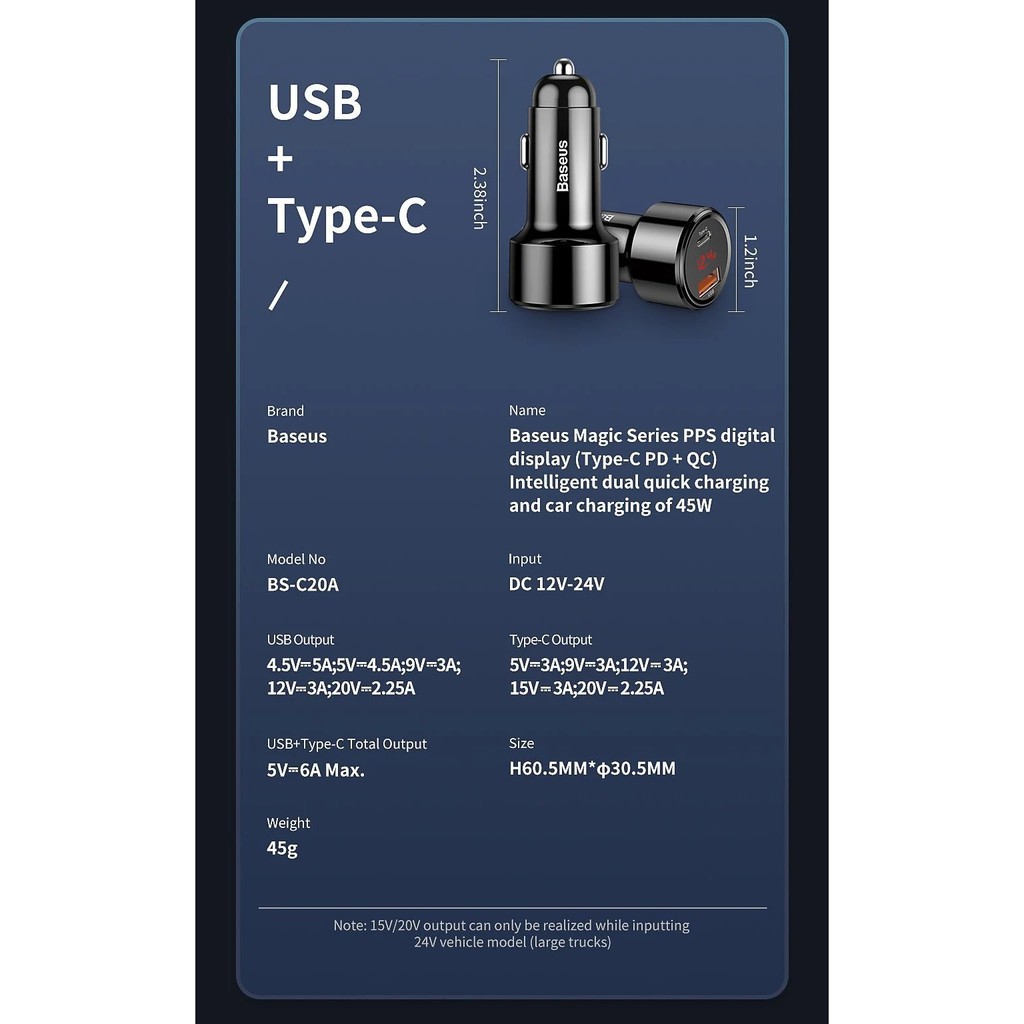 [typeC+ USB]Đầu sạc trên oto Baseus PPS Quick Charging 45W BS-C20C