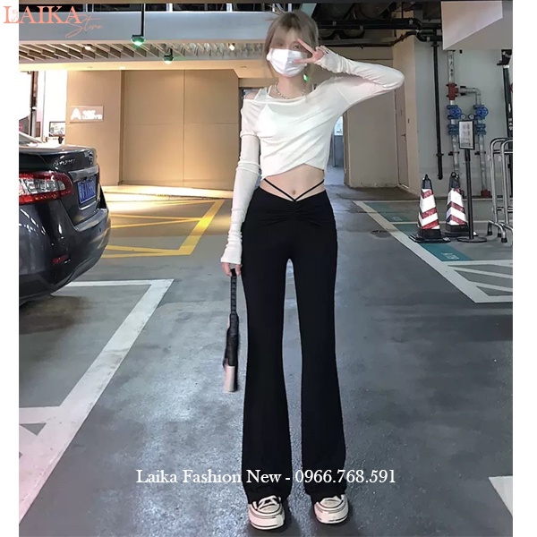 Quần ống loe cạp cao dài con giãn tôn dáng màu đen bigsize dây eo dáng quần legging ống loe ôm lưng chun vải cotton dày