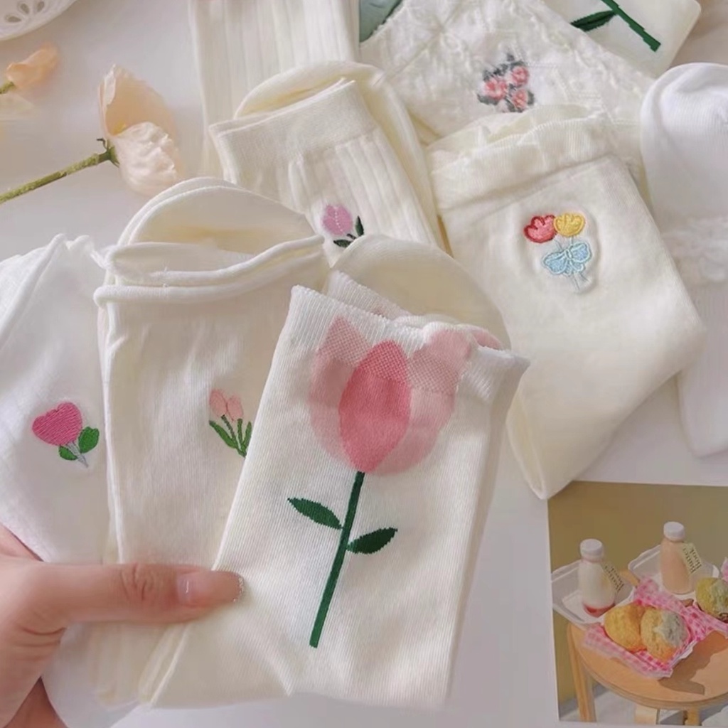 Jiashucheng Vớ Màu Trắng Cổ Trung Họa Tiết Hoa Dễ Thương Thời Trang Mùa Thu Phong Cách Nhật Bản Cho Nữ