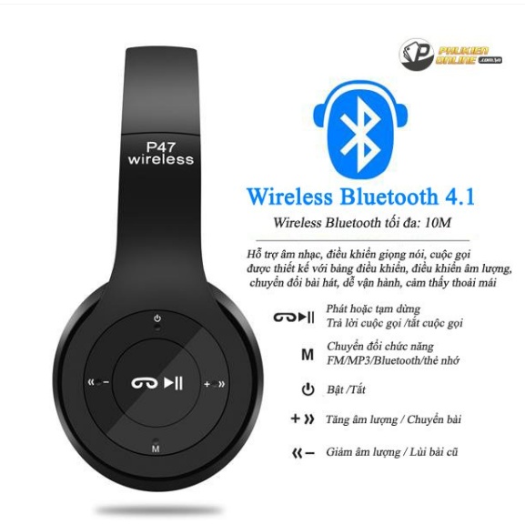 Tai nghe Chụp tai P47 kết nối Bluetooth có khe cắm thẻ nhớ, âm thanh đỉnh cao