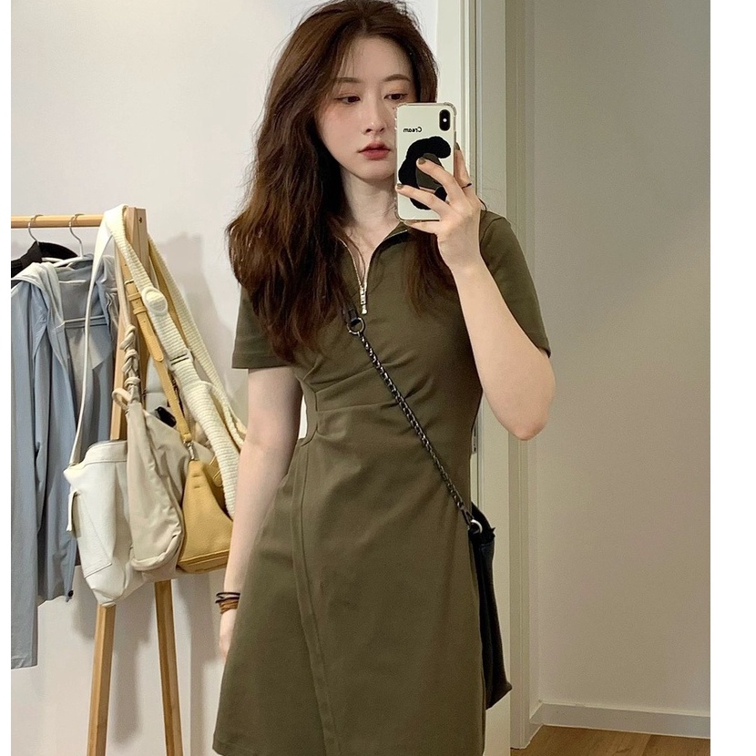 Váy đầm cổ POLO eo xinh đuôi xẻ tà hai màu lục đen phong cách Hàn Quốc MS816