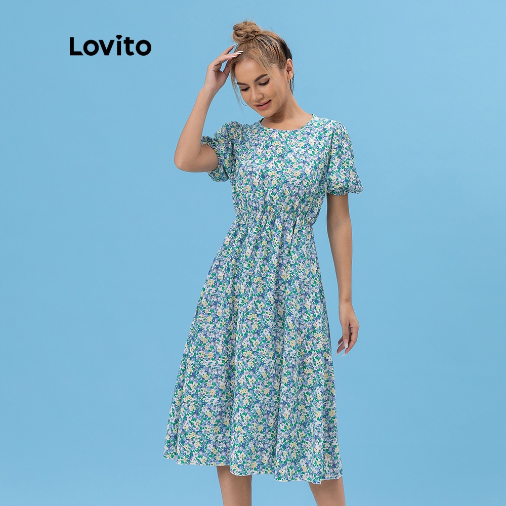  Đầm Lovito in hoa tay phồng L06052 (màu xanh dương) | BigBuy360 - bigbuy360.vn
