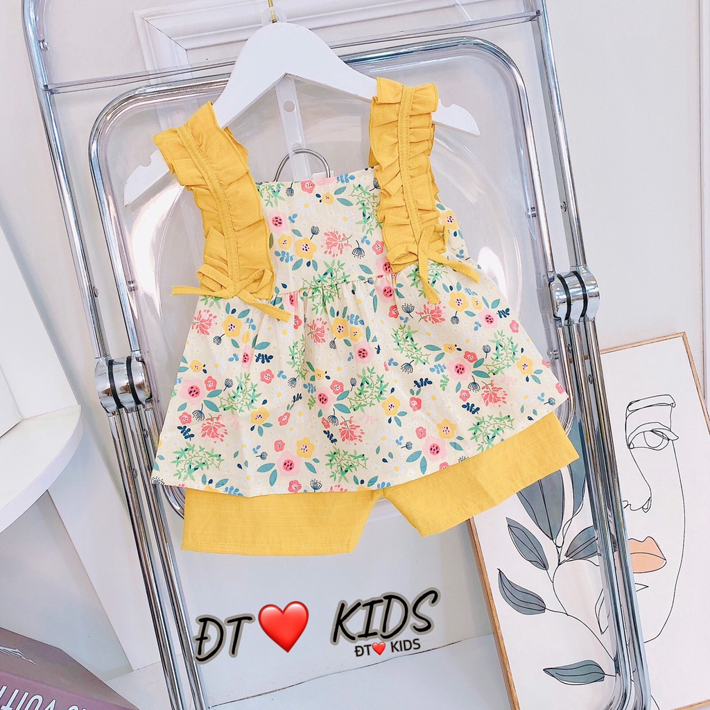 Đồ bộ bé gái size 8 đến 18 kg quần áo họa tiết hoa nhí viền QATE677, Bộ 2 dây bèo vai hoa nhí kèm quần thô cho bé