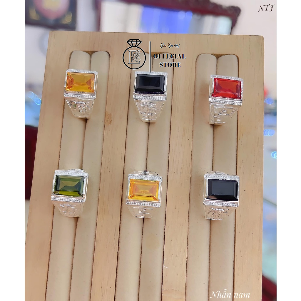 Nhẫn Bạc Nam đính đá vuông , nhiều màu sắc