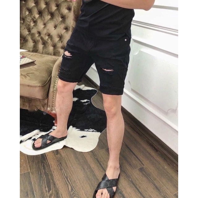 Quần short đen trắng trơn hàn rách nhẹ thời trang đơn giản,quần bò ngố nam 2 màu trắng đen rách gối quần short amiri