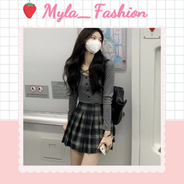 Set áo croptop len tăm kèm chân váy dài tay dây đan chéo, cúc cài phong cách Hàn Quốc