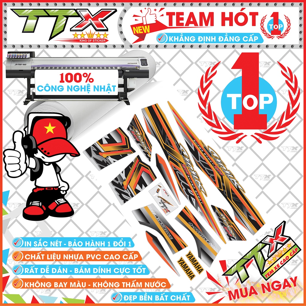 Tem rời sirius nốt nhạc , Team chế sirius dán xe màu xám bạc nền đen cam tuyệt đẹp , Shop TTX Tem xe sirius mã (S0003/00