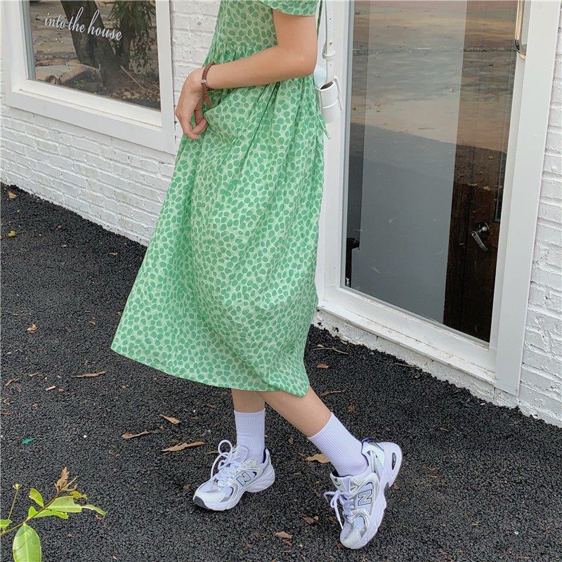 Green Puff Sleeve Floral Dress for Women