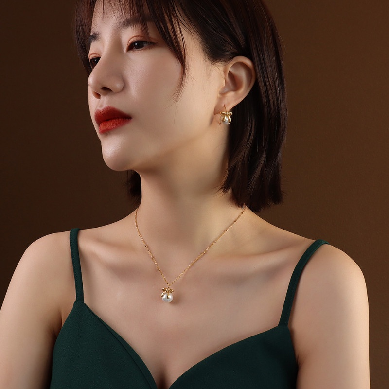 Bộ Trang Sức Bông Tai Hoặc Dây Chuyền Ngọc Trai Nhân Tạo Titan Ko Han Rỉ TT 3783