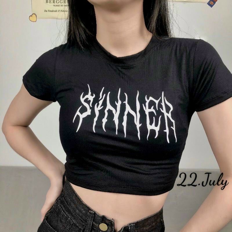 Áo Croptop Tay Ngắn Hoạ Tiết In Chữ Sinner Tôn Dáng Body