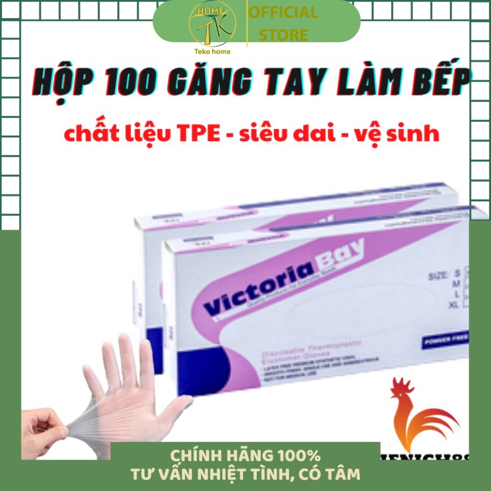 găng tay nấu ăn làm bếp siêu dai Victoria Bay chất liệu TPE không mùi chống nhăn hộp 100 cái size M Tekohome Store